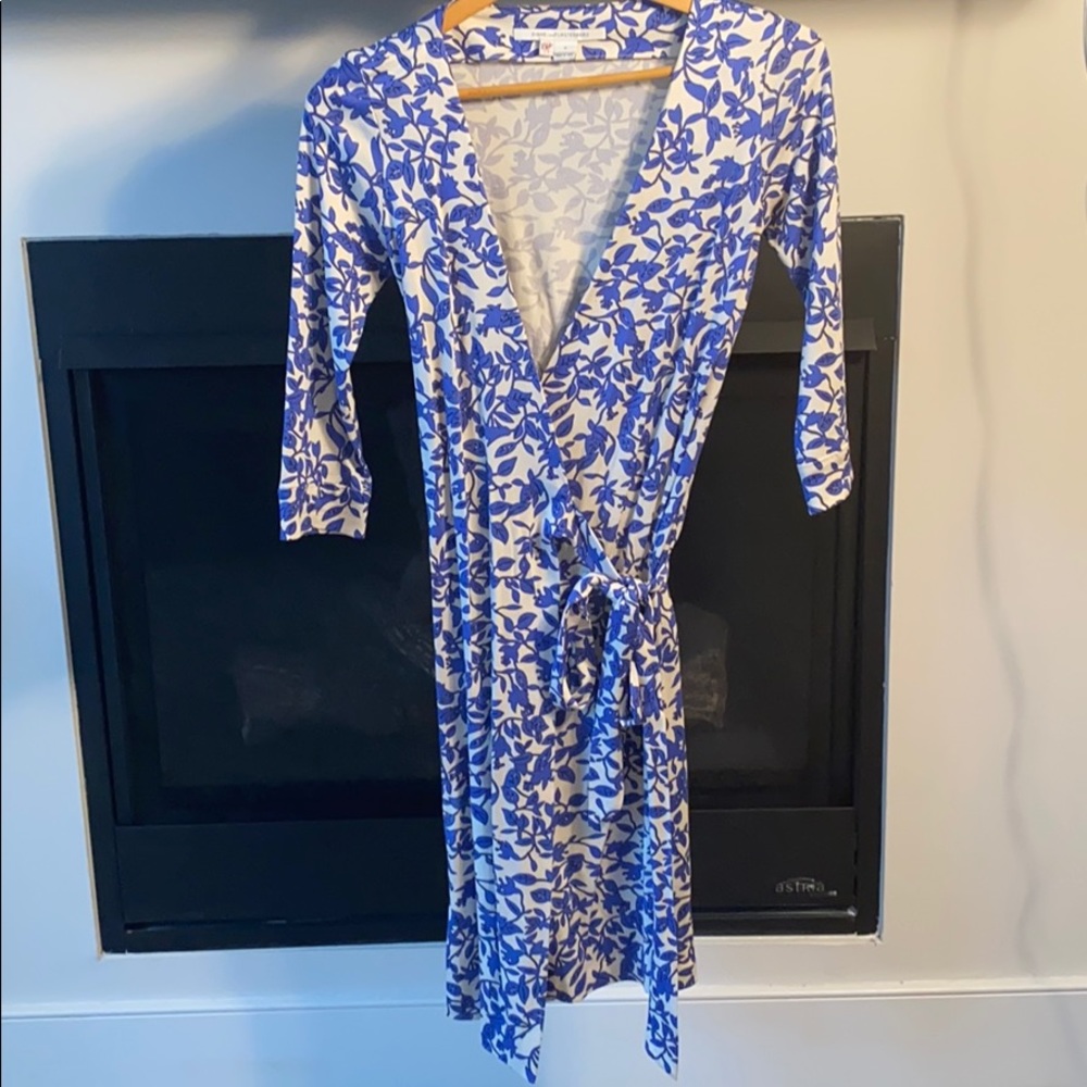 DVF blue and white floral wrap dress